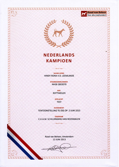 Certificaat Hindy Nederlands Kampioen